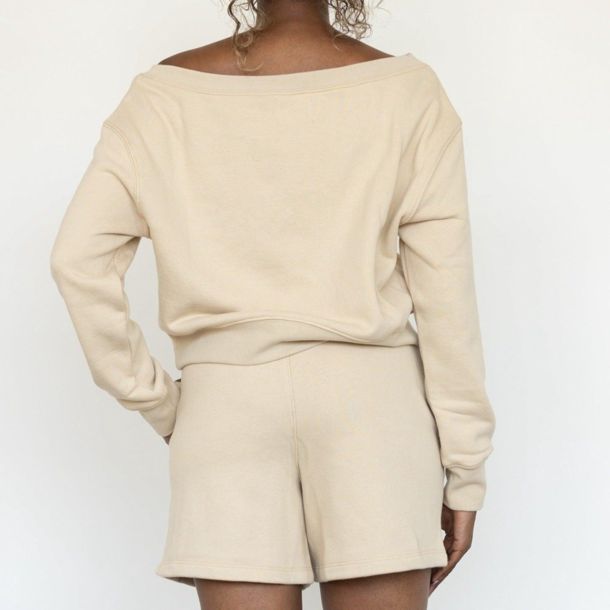 Untamed Off-Shoulder Cropped Sweatshirt - eavolu Button Mushroom Ecru